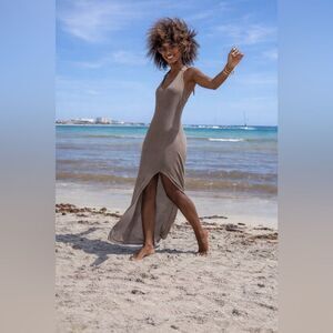 Fobya Women's Long Summer Dress - BeigeTan/Cream - Size XL